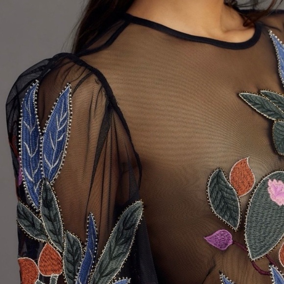 Anthropologie The Layla Long Sleeve Appliqué Mesh Blouse - Picture 3 of 6